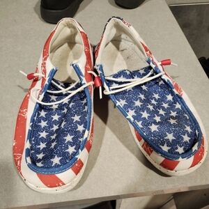 Hey Dude Wendy Patriotic Star Spangled Shoes Women’s Size 8 Red White Blue